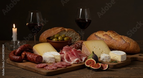 Tábua de frios rústica com vinho em mesa de jantar