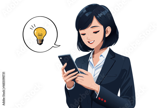 生成AI　スマホを操作するスーツ姿の女性