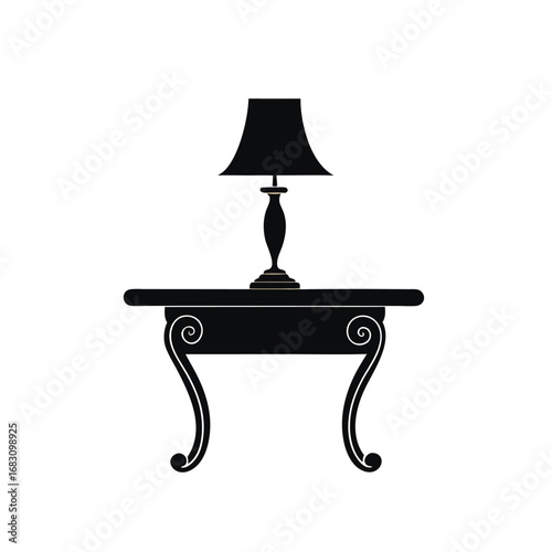 A silhouette of a table lamp on a small table, Vintage table lamp isolated on white background