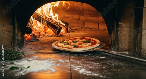 Pizza Margherita sendo retirada de forno a lenha