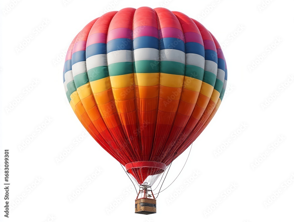 Naklejka premium A vibrant hot air balloon, showcasing a spectrum of colors against a plain white backdrop.