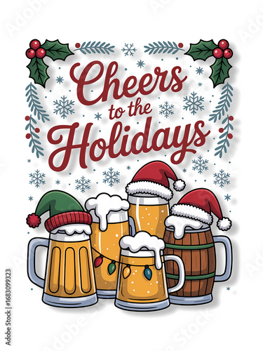 Holiday Cheers: Mugs of Beer with Santa Hats and Christmas Lights On Transparent Background.