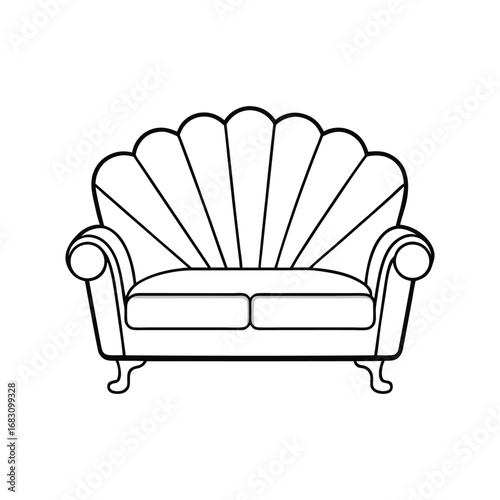 Armchair isolated, Simple line art drawing of a sofa with cushions and armrests isolated on white background