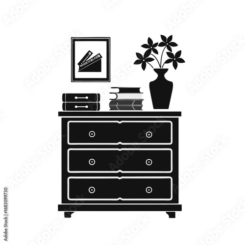 Vector of a black and white illustration of a dresser with three drawers on white background.