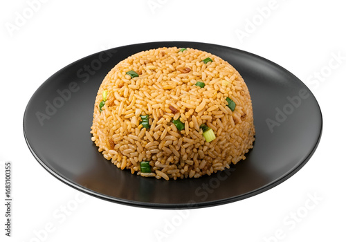 A round mound of golden-brown fried rice sits attractively on a dark plate, showcasing a delicious meal.