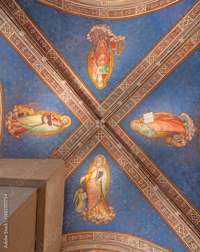 Prato - The medieval ceiling fresco of Four Evangelist in church San Francesco (Sala del Capitolo) by  Niccolò Gerini (1395 - 1400).