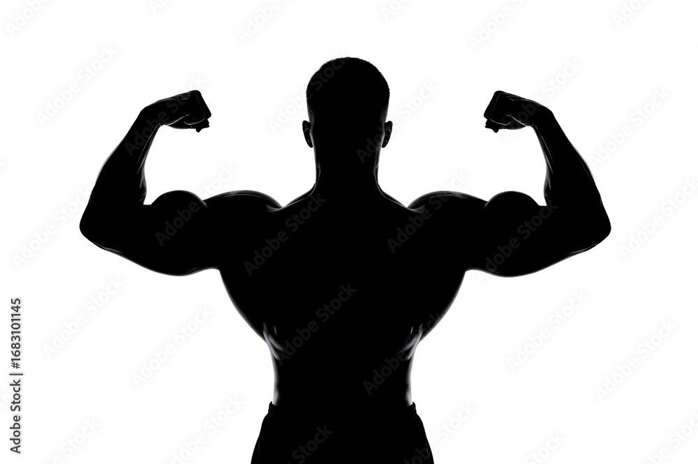 Fototapeta premium Muscular man flexing, dark background, fitness, poster