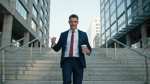 Happy Businessman Walking Down Stairs in City 4k video