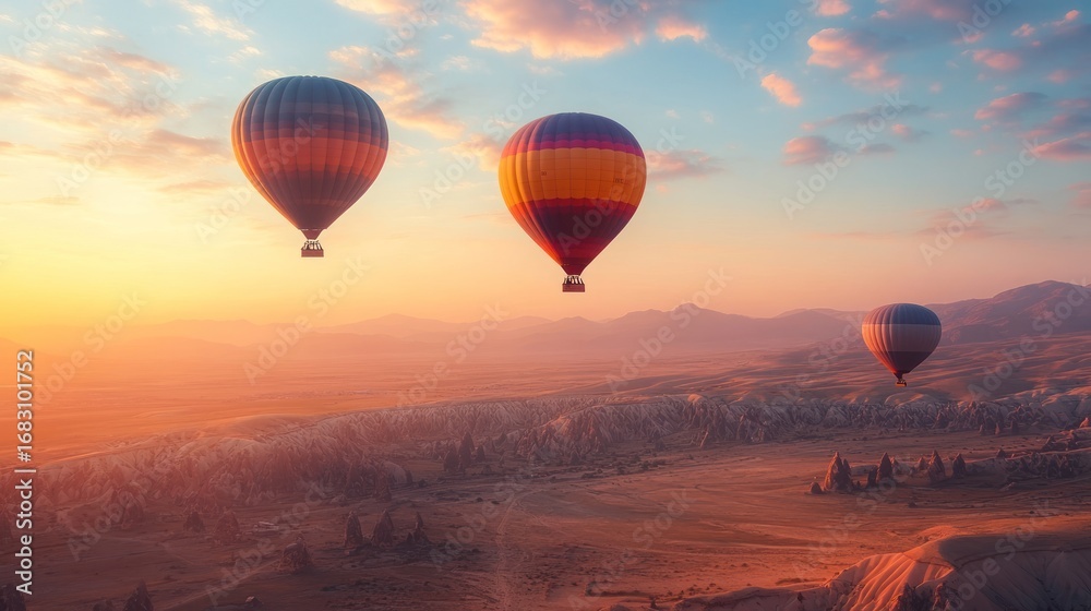 Fototapeta premium Colorful Hot Air Balloons Soaring Over a Dramatic Desert Landscape at Sunrise