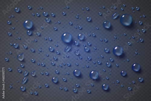 Realistic set of transparent water drops, transparent dew drops with reflection effect.