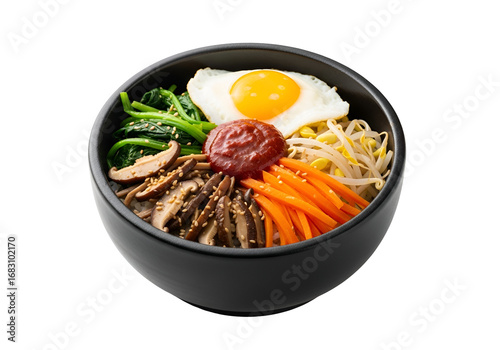 Vibrant Korean bibimbap dish in a dark bowl, showcasing a colorful array of vegetables, egg, and flavorful sauce.