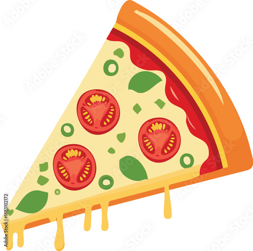 A delicious slice of classic pepperoni pizza with dripping mozzarella cheese. Vector illustration for fast food menus, pizzeria branding, or food. Isolated. Generative AI