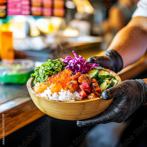 A freshly made poke bowl with vibrant toppings being handed over the counter on a bamboo tray visible hands of vendor in gloves