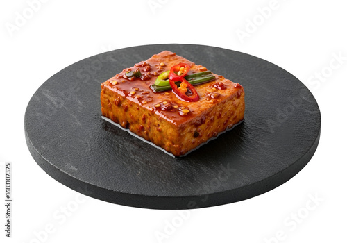 A delicious, glazed tofu cube sits on a dark stone plate, garnished with chili peppers and green onions.