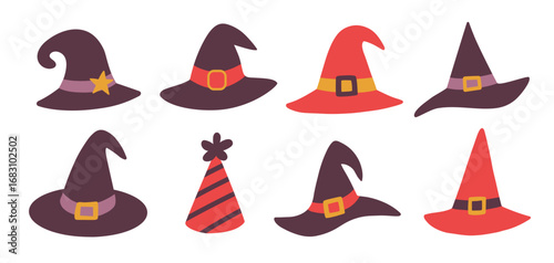 Different Vector Cartoon Halloween Witch Hat Set