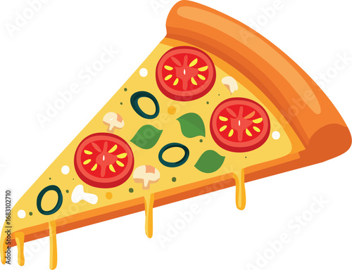 A delicious slice of classic pepperoni pizza with dripping mozzarella cheese. Vector illustration for fast food menus, pizzeria branding, or food. Isolated. Generative AI