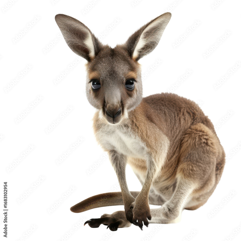 Fototapeta premium Adorable baby kangaroo joey sitting upright looking directly at the camera