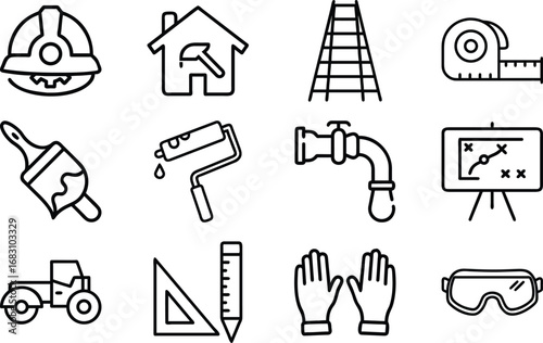 Construction and renovation tools and safety equipment icons vector 14