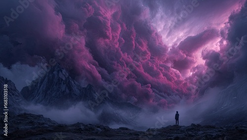 Vast, purple clouds loom over a mountain range,  a solitary figure stands on a precipice