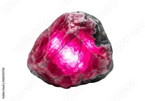 Vibrant, luminous, and raw, this specimen of a gemstone displays intense pink hues against a stark black backdrop.