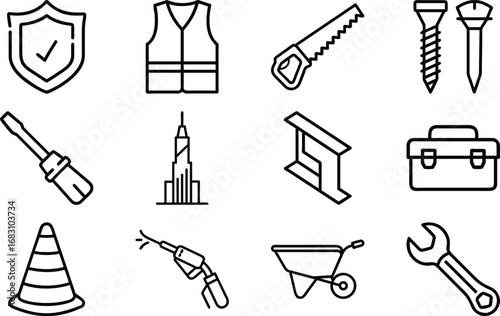 Set of construction and safety icons including tools and equipment shield checkmark