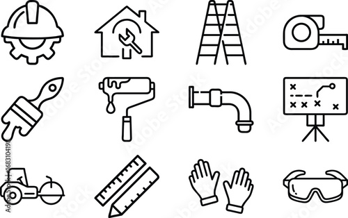 Construction and home repair tool icons set with safety gear hardhat house