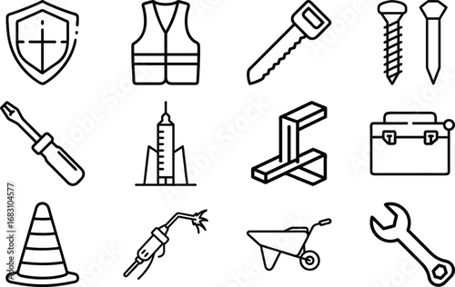 Shield safety vest saw screws screwdriver skyscraper metal structure toolbox cone welding torch