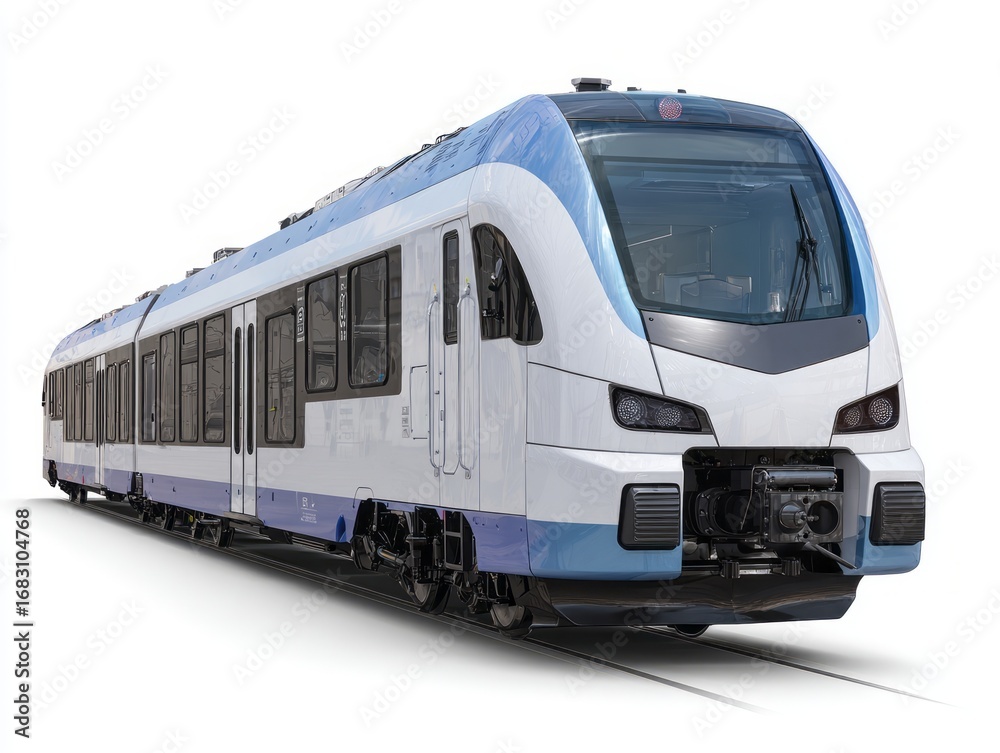 Naklejka premium Modern light rail vehicle, designed for urban transit, is presented in a detailed shot against a plain white background.