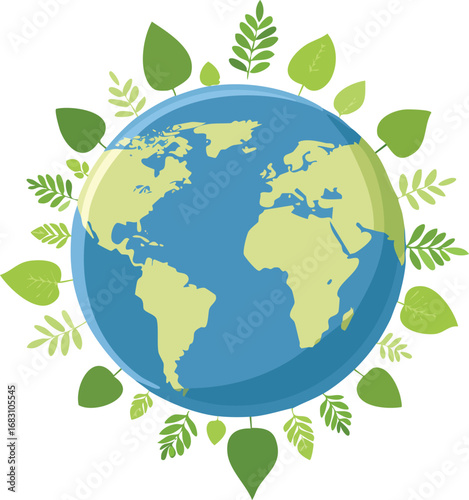The planet Earth surrounded by diverse green leaves. A vector illustration for Earth Day, environmental protection, ecology, and nature conservation concepts. Generative AI