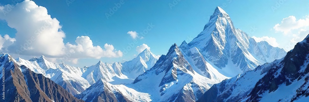 Obraz premium Rugged, snow-capped peaks pierce a vibrant blue sky; a dramatic, inspiring mountaineering landscape perfect for adventure and travel imagery , wilderness, nature