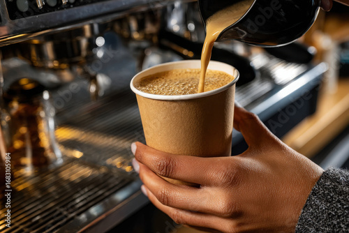 Pouring a warm beverage into a to-go cup at a coffee shop in the morning