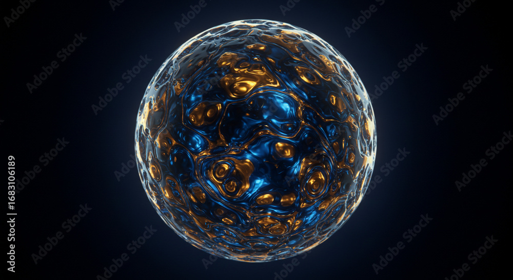 Naklejka premium Captivating abstract sphere with swirling metallic blue and gold liquid textures, perfect for science and technology concepts.