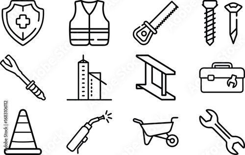 Construction and safety icons including tools building and safety equipment shield