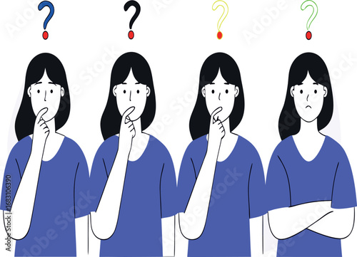 Four women pondering questions showing different levels of thought and understanding illustration