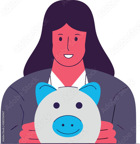 Woman joyfully hugs piggy bank demonstrating financial saving and security illustration