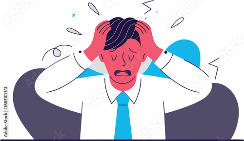 Young man in white shirt experiencing intense stress and overwhelm at work illustration