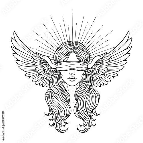 A beautiful blindfolded woman with angel wings on her head and a radiant sunburst halo.