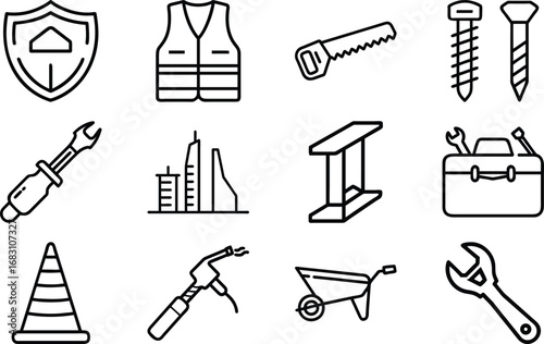 Construction safety vest shield saw screws wrench toolbox cone welding gun wheelbarrow
