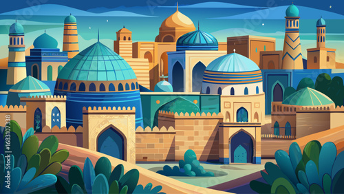 The historic city of Bukhara in Uzbekistan presents timeless Islamic architecture, adorned with turquoise domes, intricate mosaics, ancient madrassas, and peaceful courtyards reflecting the region’s e