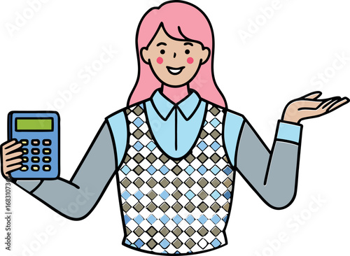 Woman holding calculator demonstrating financial figures and explaining concepts clearly illustration
