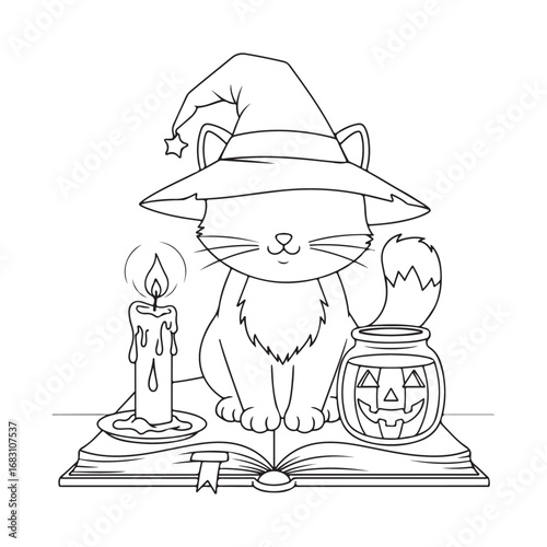 Feline wizard sits calmly with candle and pumpkin on an open book, ready for coloring