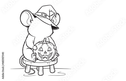 Whimsical mouse wearing a Halloween witch hat sits hugging a glowing pumpkin on the stool