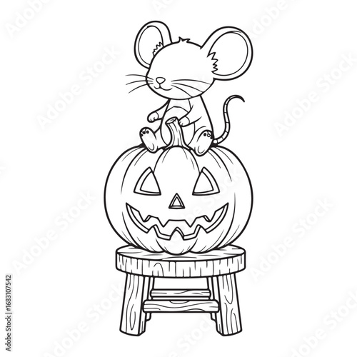 Line art reveals a mouse sitting atop a carved pumpkin placed on stool