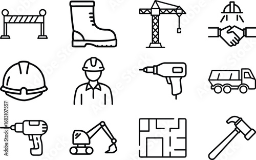 Construction icons including hard hat safety boot crane drill truck and hammer building