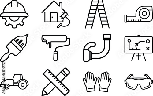 Construction and renovation icons including safety gear and tools vector