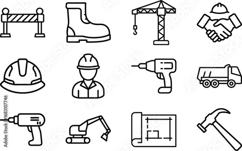 Construction icons including safety helmet drill crane truck and hammer building industry