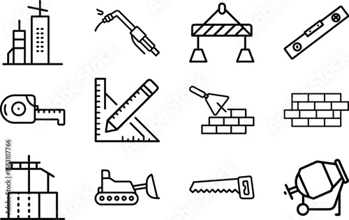 Construction tools and equipment icons on white background building industry