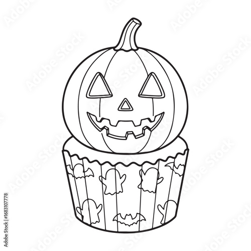Outline pumpkin cupcake features ghosts and bats, creating a cute Halloween themed transparent background