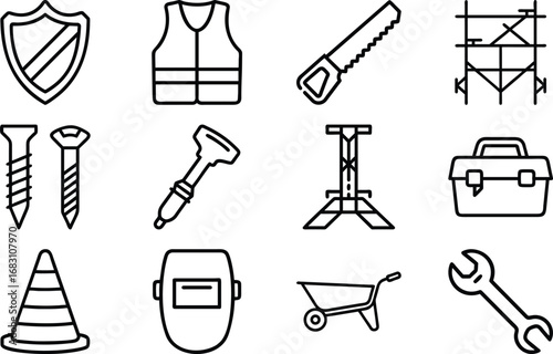 Collection of black outline construction and safety equipment icons shield vest 2