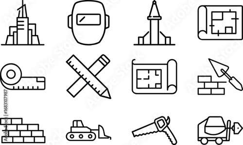 Construction industry icons including buildings tools and equipment vector